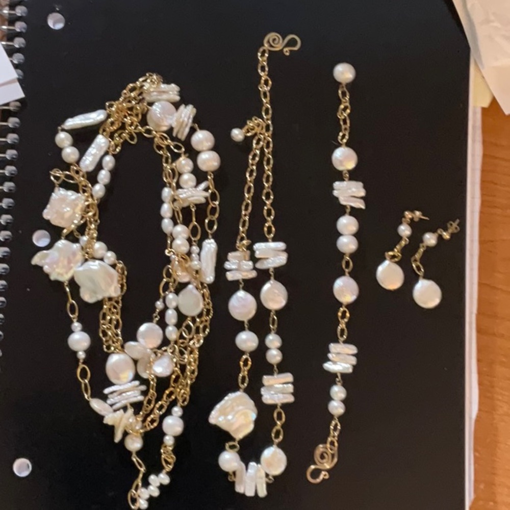 Wedding ready gold and pearl 2 necklaces bracelet earrings. Coin pearls